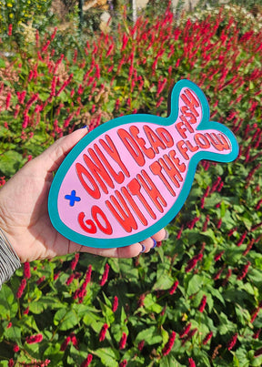 Visvormige wanddecoratie van spiegelacrylaat met roze, rode tekst en blauw oogje, 20x11,6 cm.