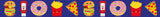 Washi tape met kawaii fastfood: hamburgers, frietjes, donuts, pizza en ketchup op een blauwe achtergrond.