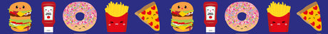 Washi tape met kawaii fastfood: hamburgers, frietjes, donuts, pizza en ketchup op een blauwe achtergrond.