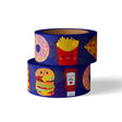 Blauwe washi tape met kawaii fast food design: hamburger, frietjes, donut, ketchup en pizza.