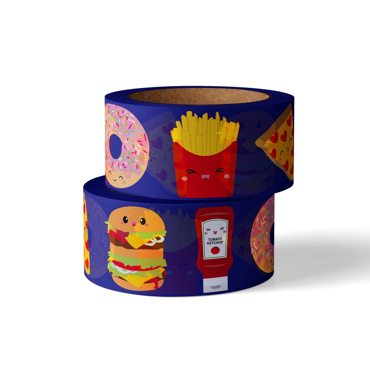 Blauwe washi tape met kawaii fast food design: hamburger, frietjes, donut, ketchup en pizza.