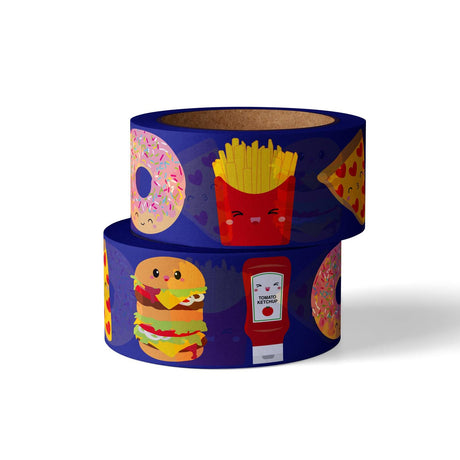 Blauwe washi tape met kawaii fast food design: hamburger, frietjes, donut, ketchup en pizza.