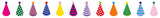 Washi tape met kleurrijke feesthoedjes in diverse patronen zoals strepen, ruiten en stippen.
