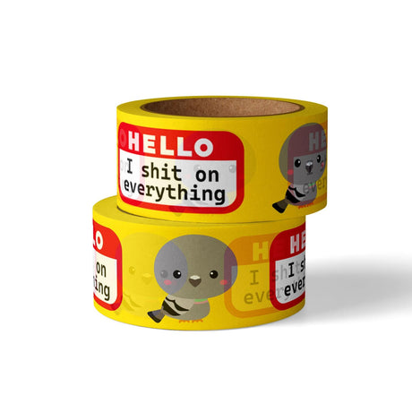Gele washi tape met kawaii duif en "Hello I Shit On Everything" tekst, 15mm breed.