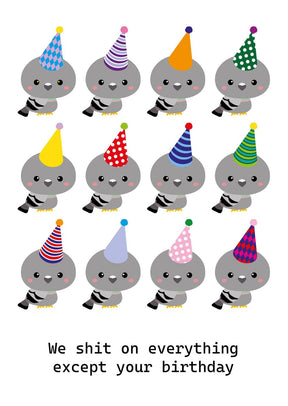 Twelve cute grey pigeons in colorful party hats with "We shit on everything except your birthday" text.