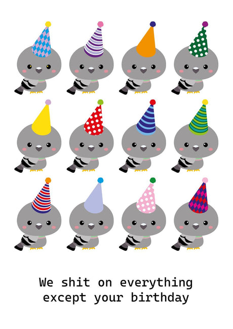 Twelve cute grey pigeons in colorful party hats with "We shit on everything except your birthday" text.
