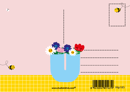 Postkaart vaas met bloemen en bijen