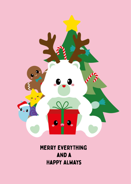Kerstkaart Care bear Merry everything and a happy always